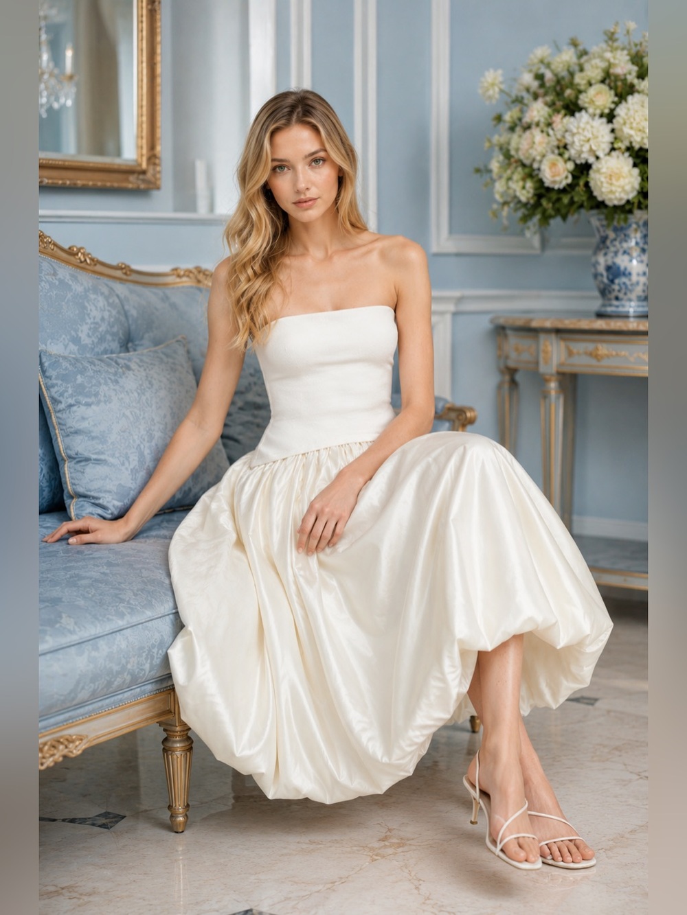 NWT  SIMKHAI Izzy Strapless Taffeta Midi Dress in Ivory, size M